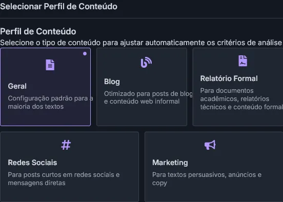 Interface de seleção de perfis de conteúdo