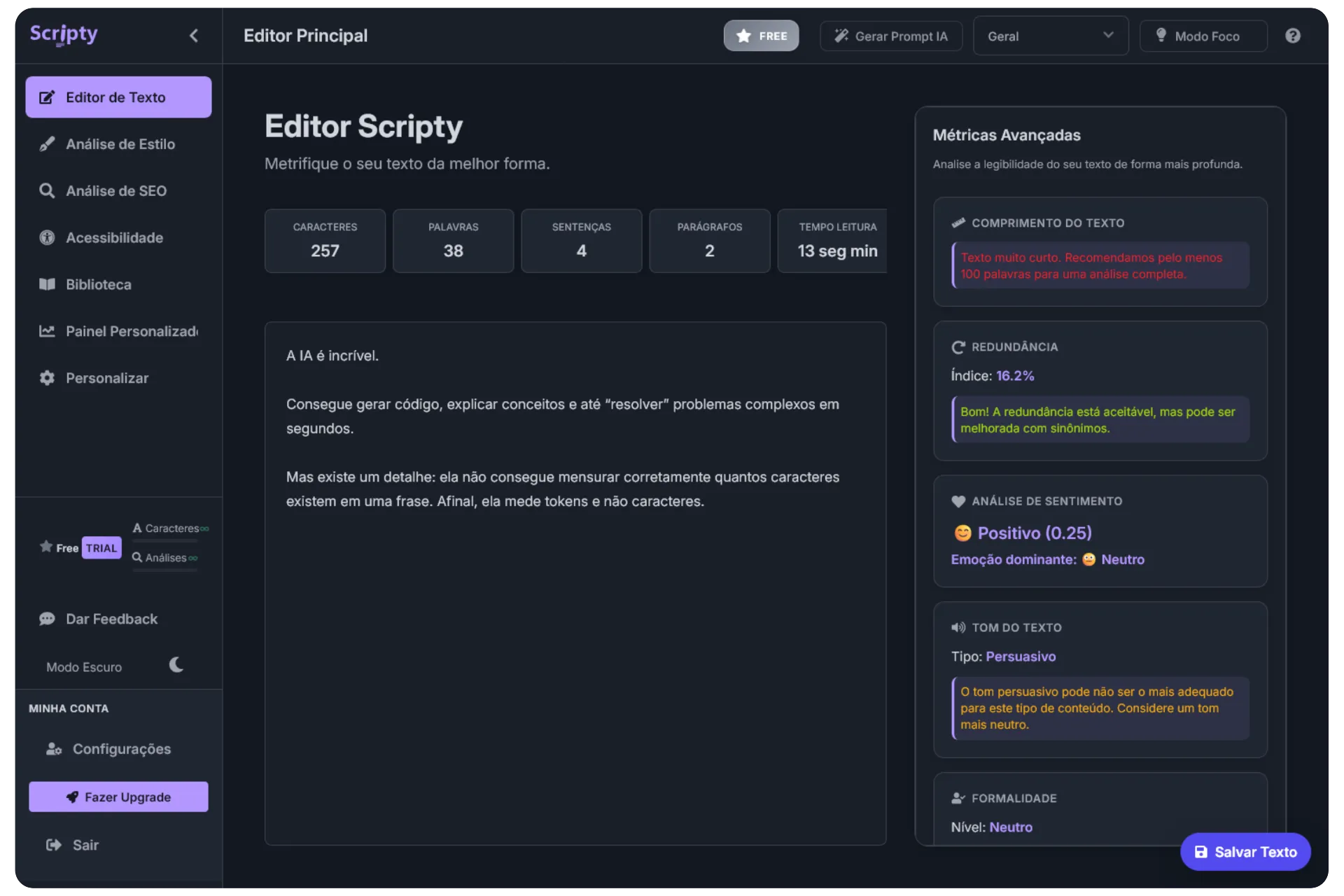 Interface do Scripty - Funcionalidades